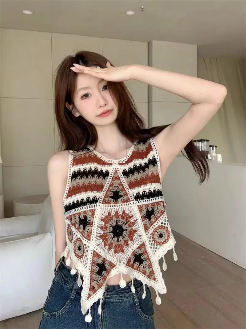 Vintage Knitted Retro Crochet Women Cropped Tank Tops