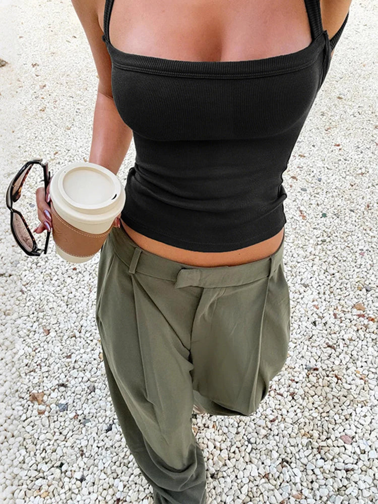 Ribbed Casual Green Olive Tank Tops