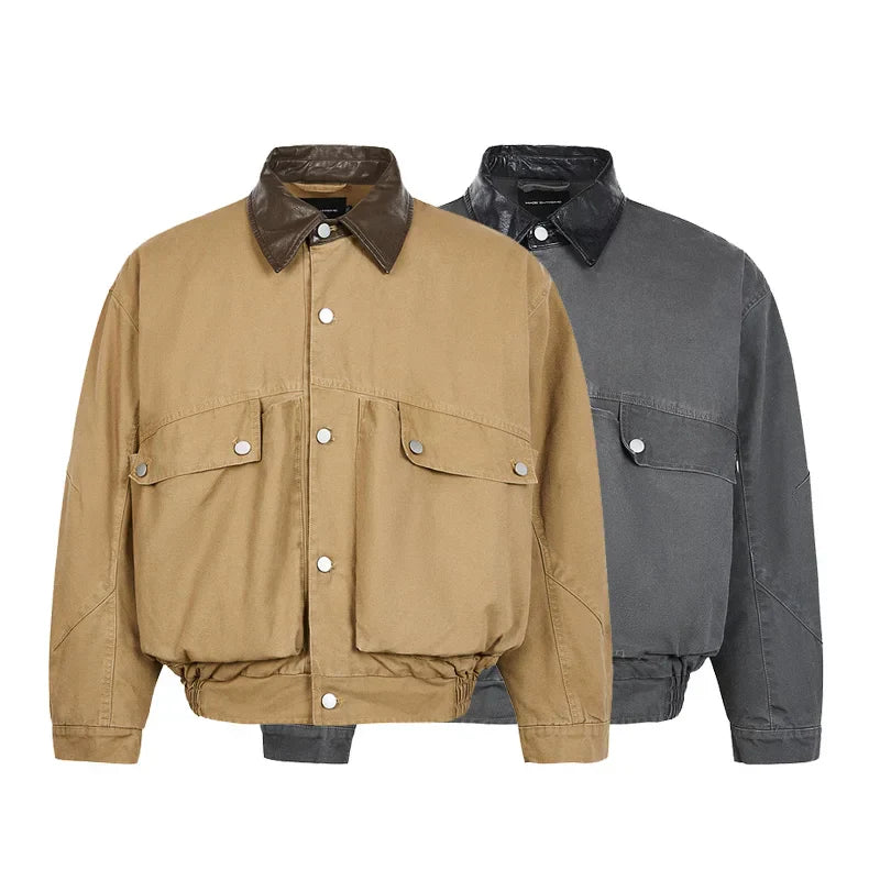 Cyberpunk Leather Collar Buttons Denim Jacket