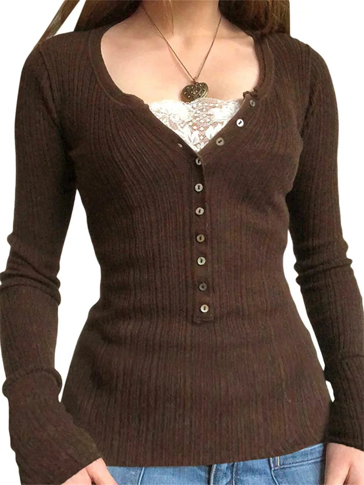 Grunge V-neck Button Long Sleeve Top