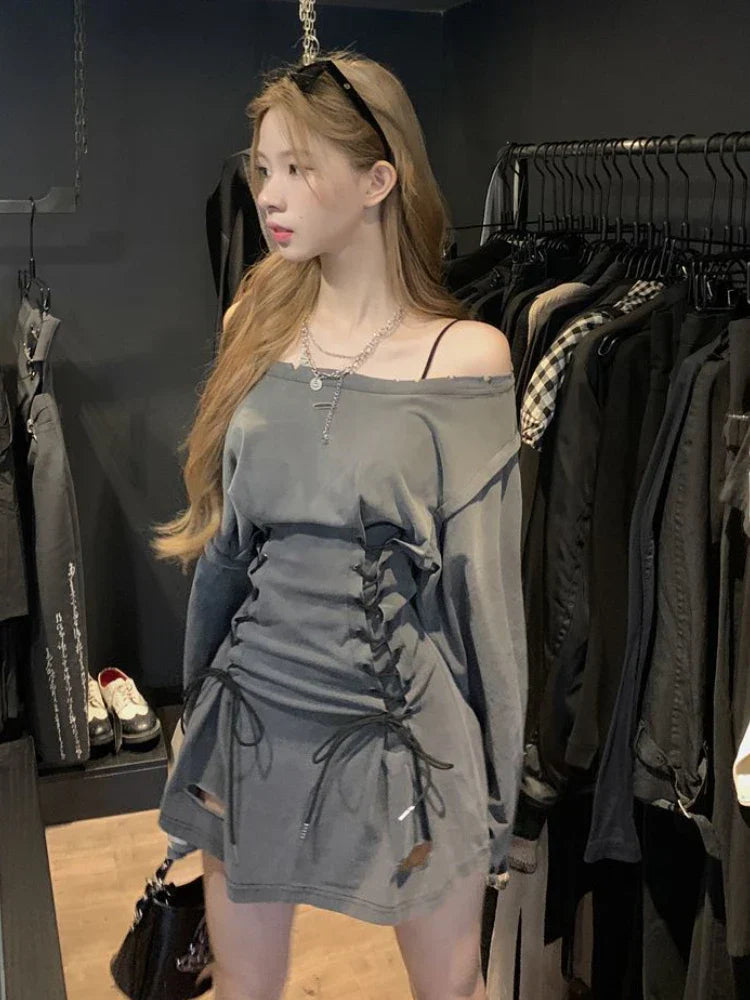 Slash Neck Acubi Smoke Lace Up Mini Dress