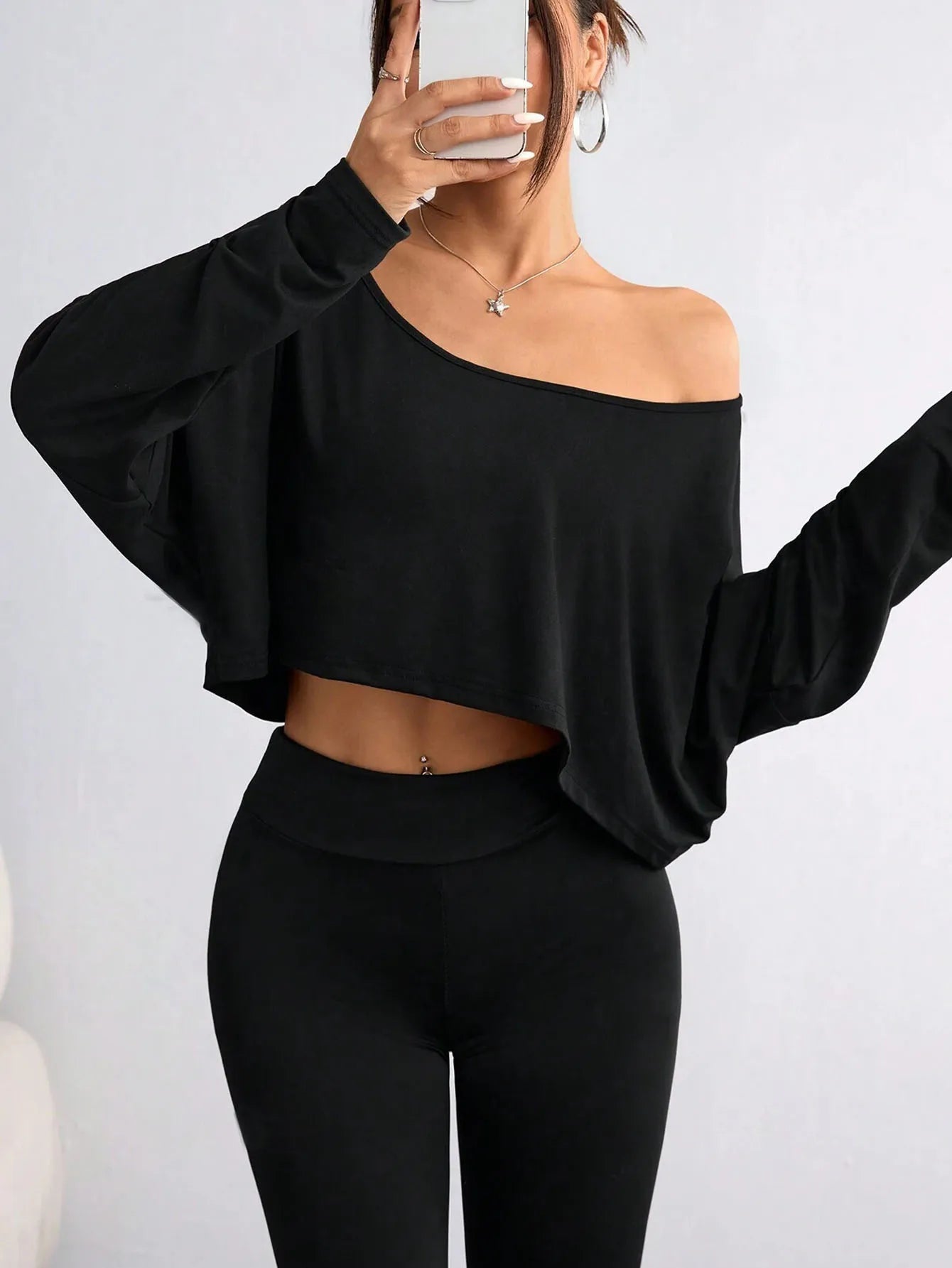 Casual Black Sexy Oblique Shoulder Long Crop Top