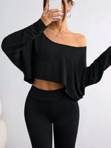 Casual Black Sexy Oblique Shoulder Long Crop Top