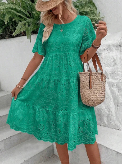 Women's White Hollow Out Boho Midi Dress