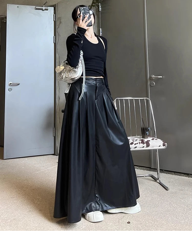 Luxury Long Pleated Black Leather Maxi Skirt