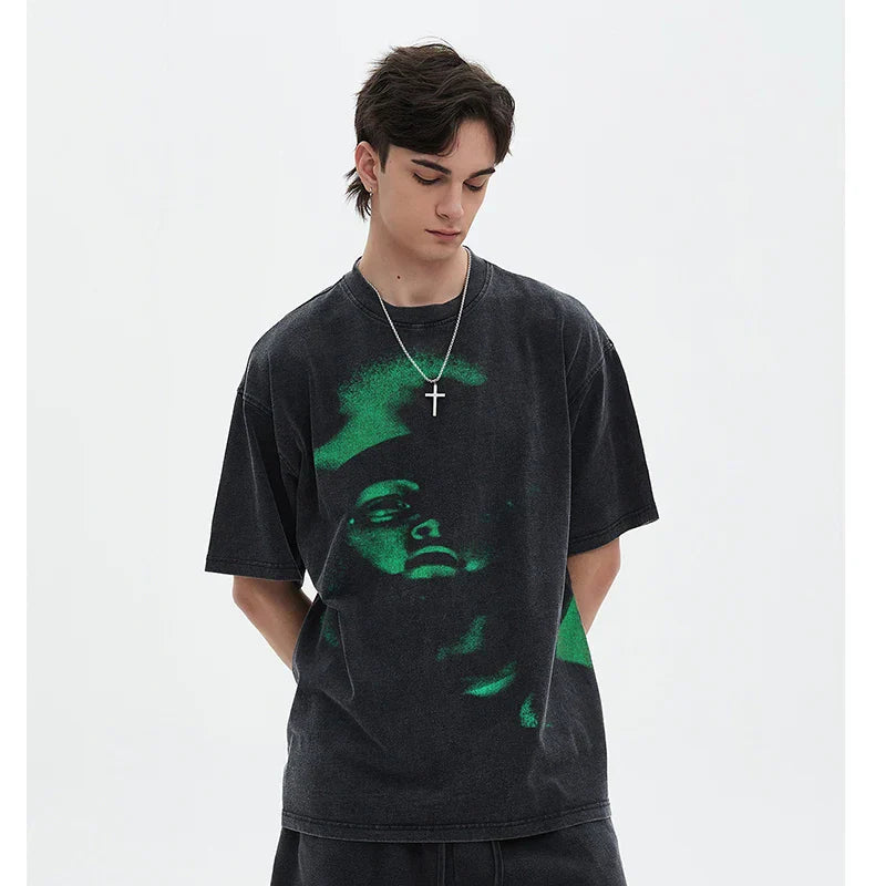 Graphic Face Washed Black T-Shirt