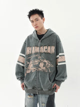 Retro Distressed Print Hooded Sweatshirt