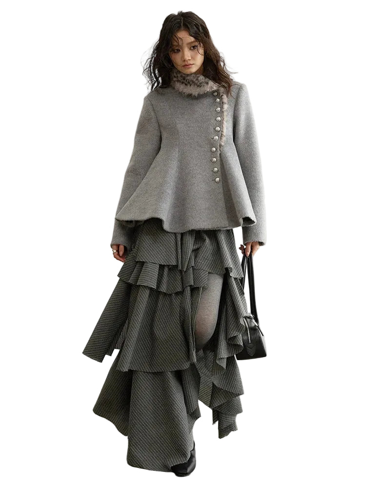 Elegant Grey Striped Ruffled Tiered Skirt