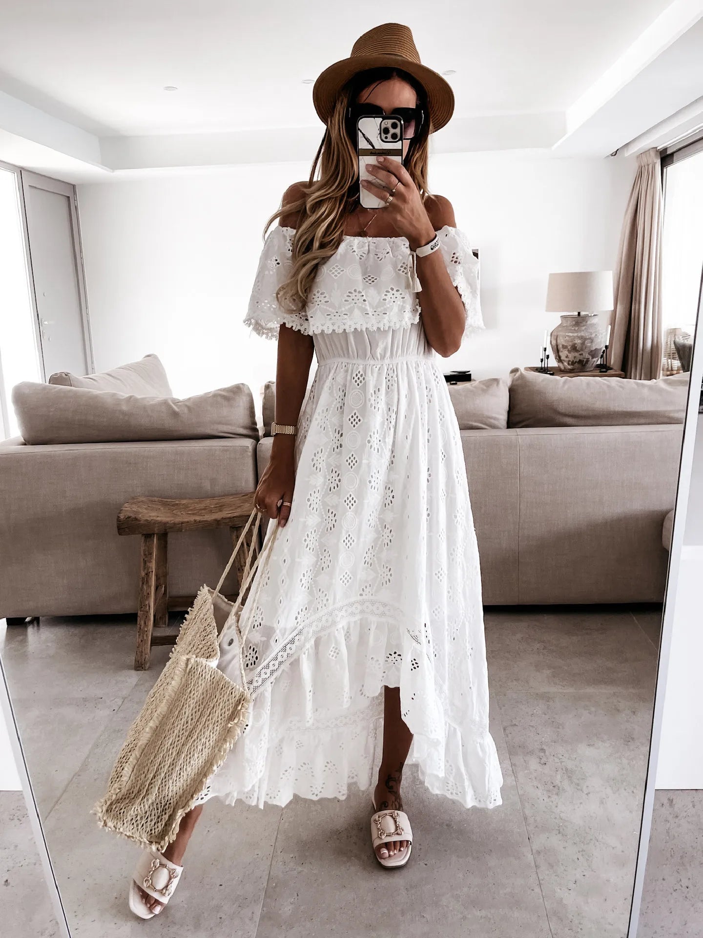 Women's Summer Beach White Boho Maxi Dress