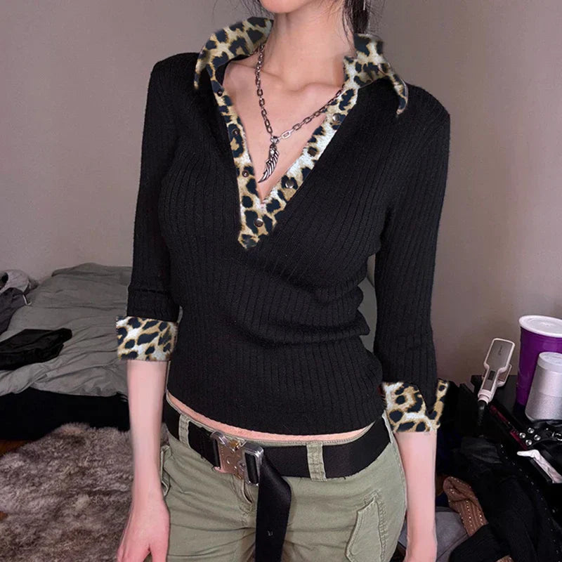 Y2K Leopard V-neck Blouse