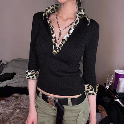 Y2K Leopard V-neck Blouse