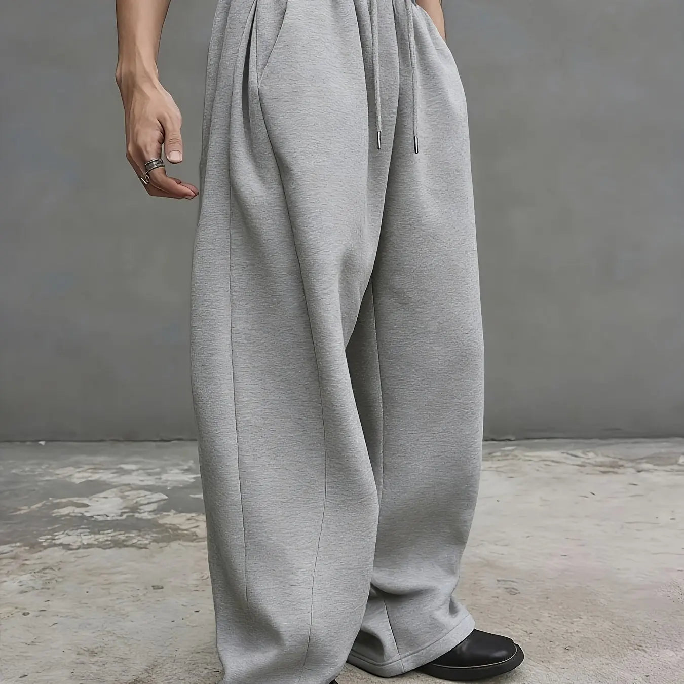 Solid Black Elastic Waist Baggy Pants