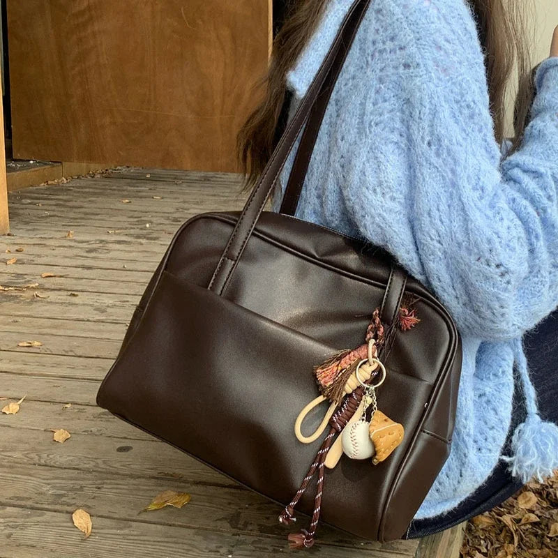 Y2K Leather Simple Style Shoulder Bag