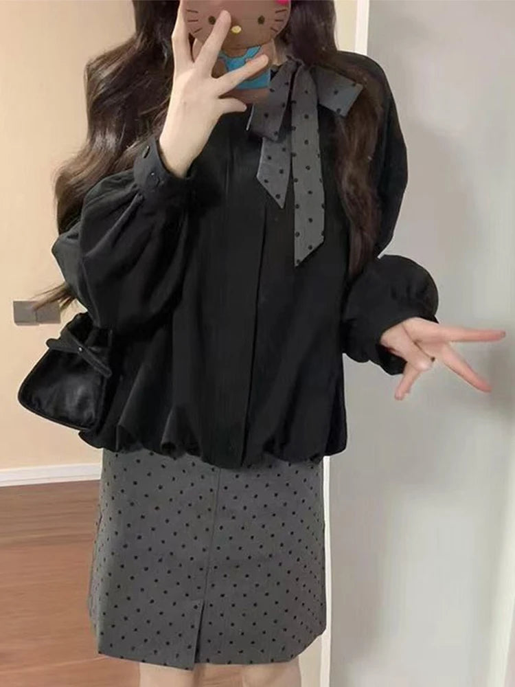 Vintage Long Sleeve Black Shirt Blouse