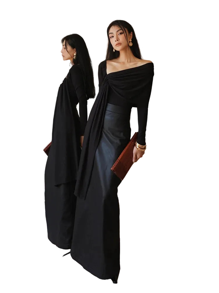 High Waist Extra Long Black Leather Skirt