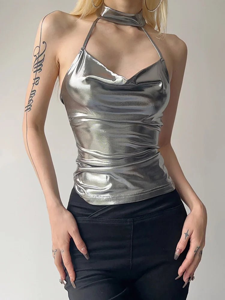 Y2k Silver Hanging Neck Crop Top