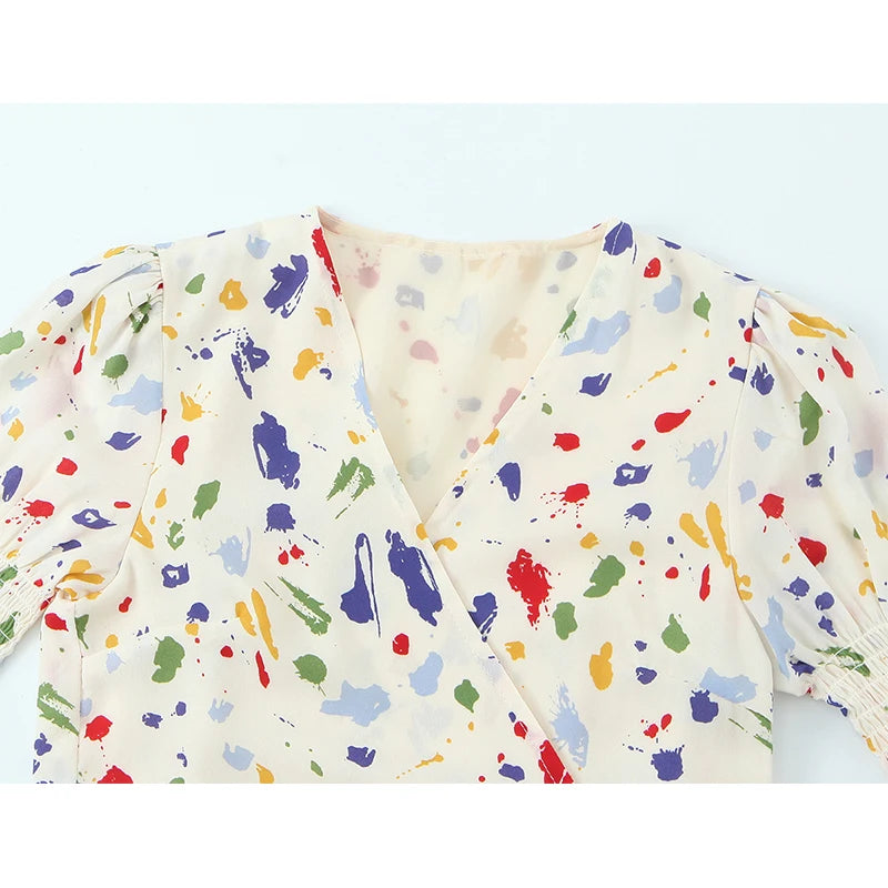Colorful Paint V Neck  French Wrap Dress