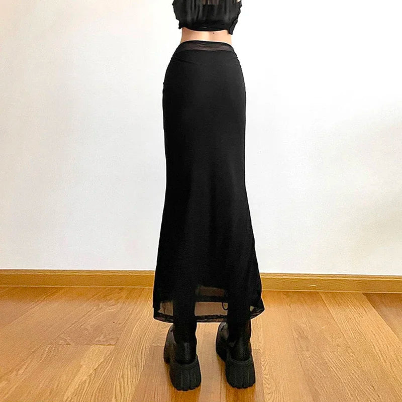 Sexy Mesh Patchwork Black Long Skirt