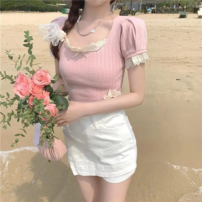 Soft & Spicy Girl Square Neck Lace Blouse