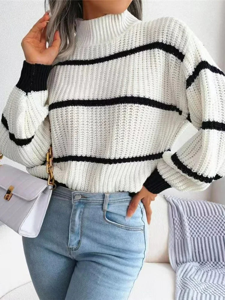High Collar Pullover Knit Striped Sweater