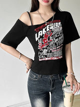 T-Shirt mit Buchstaben-Print, schulterfrei, Gothic