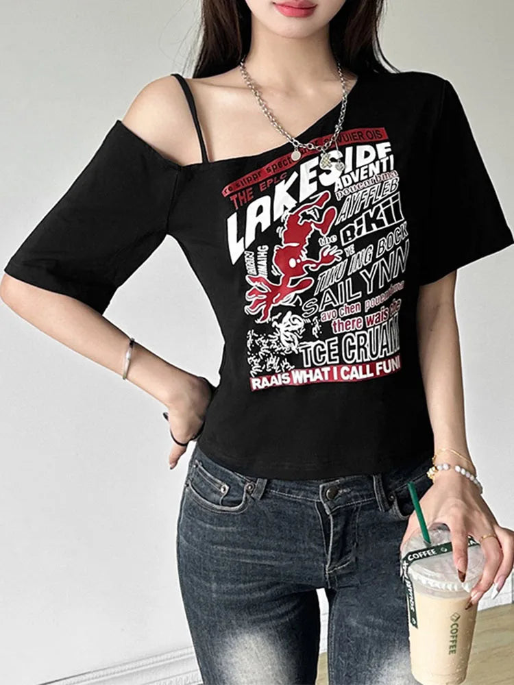 T-Shirt mit Buchstaben-Print, schulterfrei, Gothic