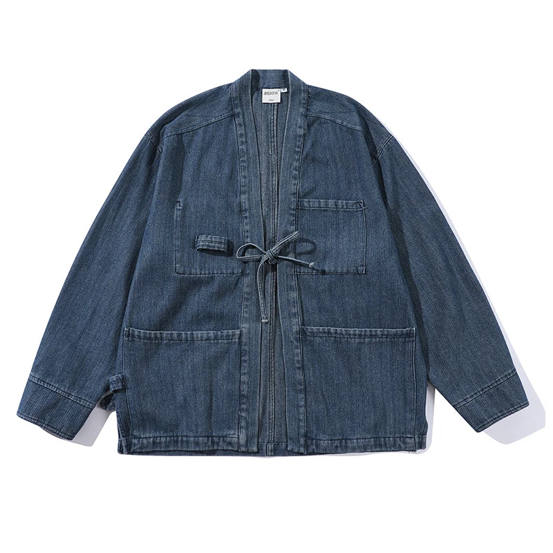 Drawstring Vintage Loose Fit Denim Kimono
