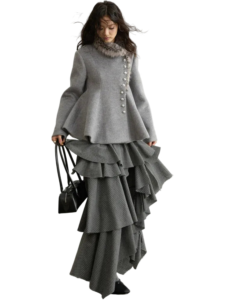Elegant Grey Striped Ruffled Tiered Skirt