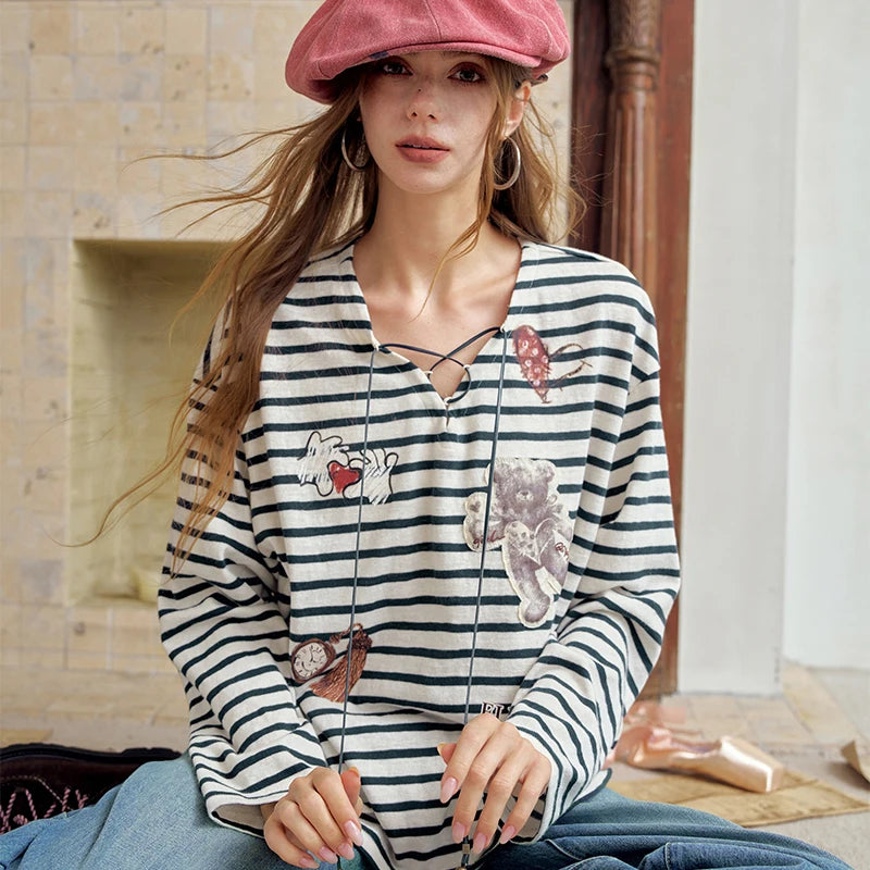 Autumn V-neck Stripped Long Sleeve T-shirt
