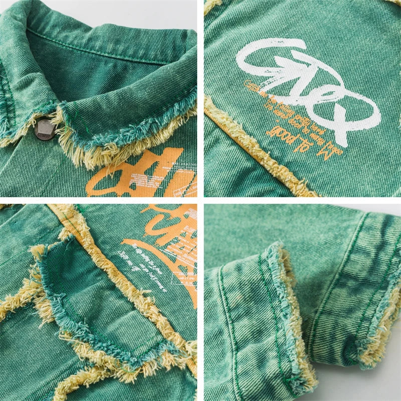 Cyberpunk Stitched Green Long Sleeve Denim Jacket