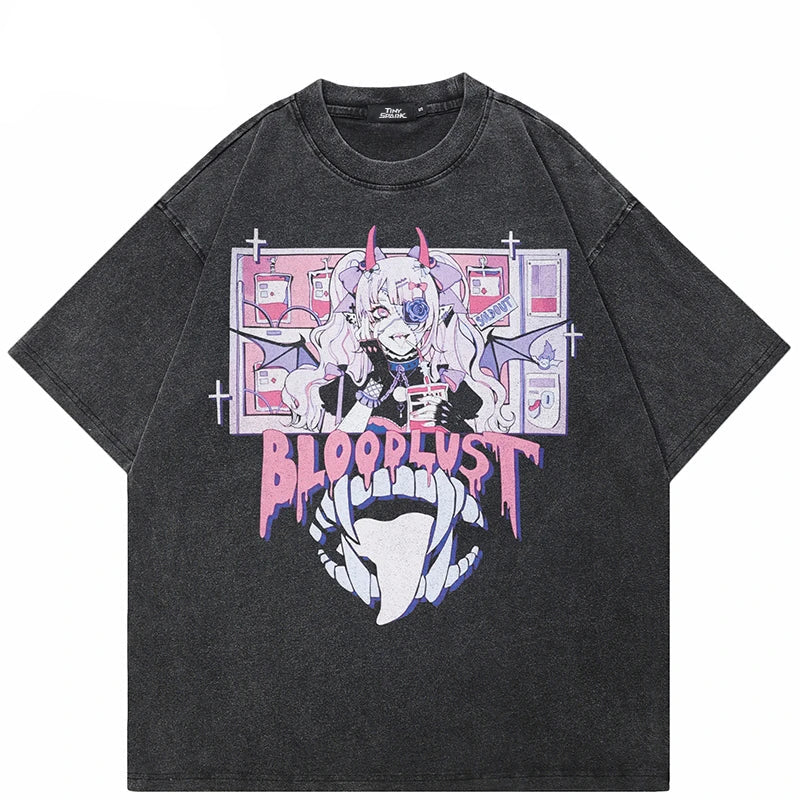 Anime Cartoon Graphic Washed Black T-Shirt