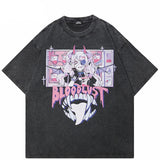 Anime Cartoon Graphic Washed Black T-Shirt