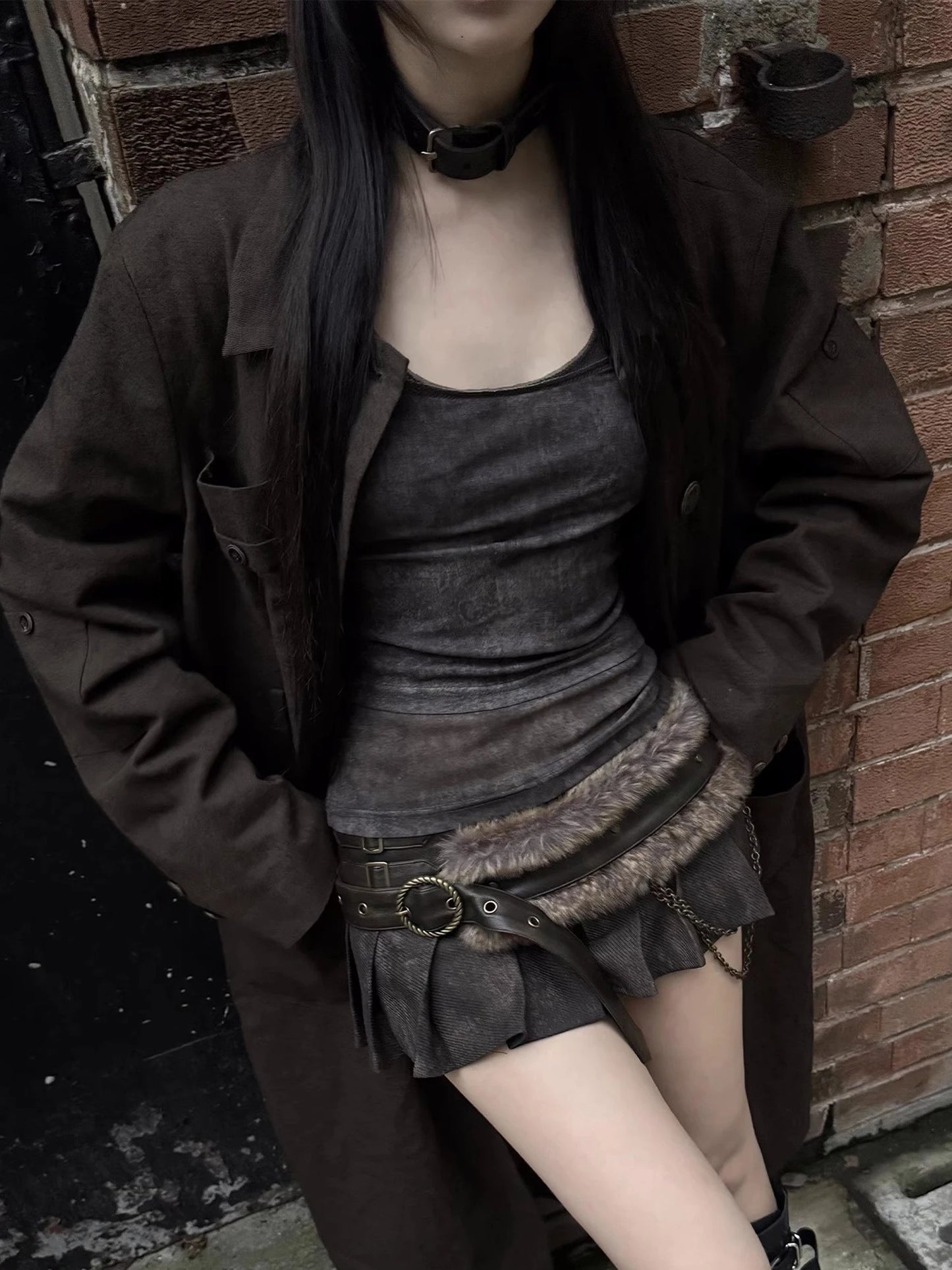 Washed Distressed Leather Mini Pleated Skirt