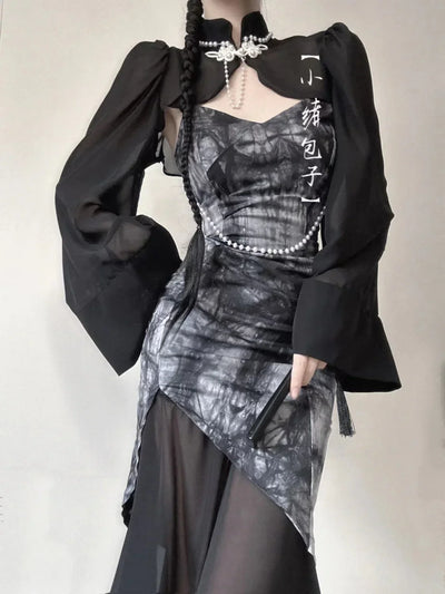 Gothic-Midi-Kleid mit weiten Ärmeln