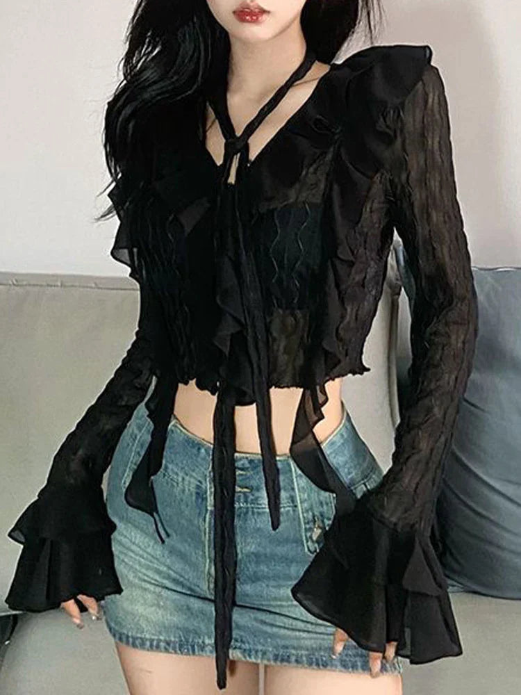 Black Mesh Cropped Blouse