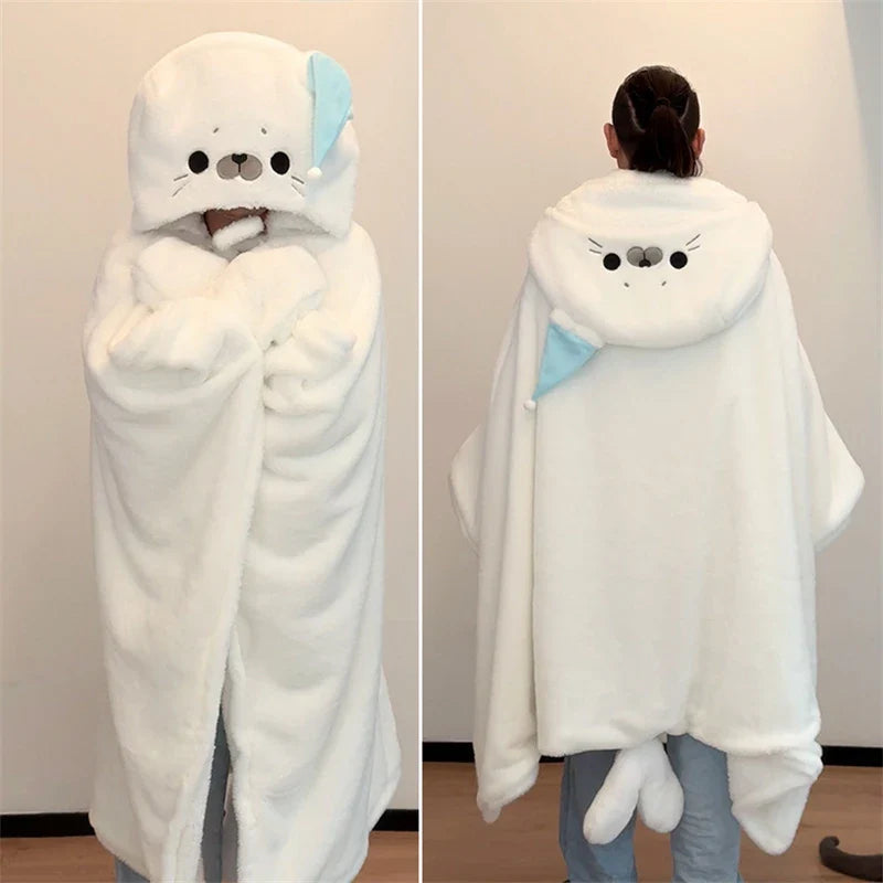 Cartoon Cute Seal Cat Hooded Blanket
