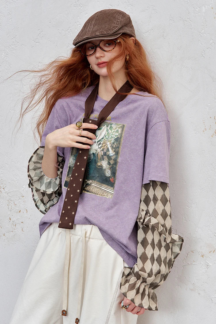 Round Neck Checkered Sleeves T-shirt