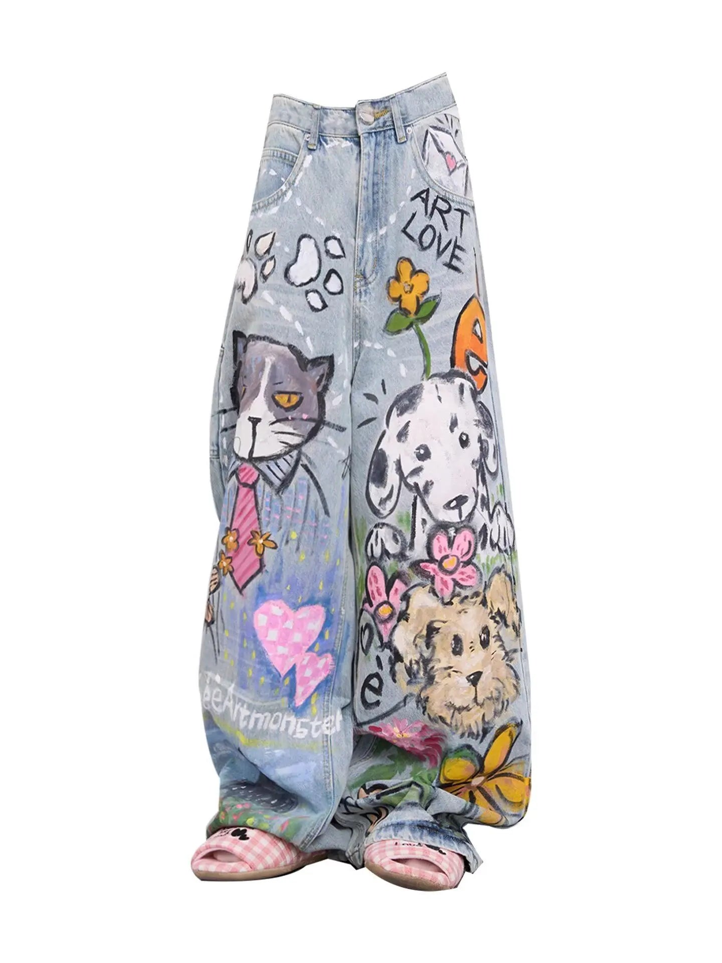 Front view of the indie aesthetic vintage cartoon wide leg jeans.