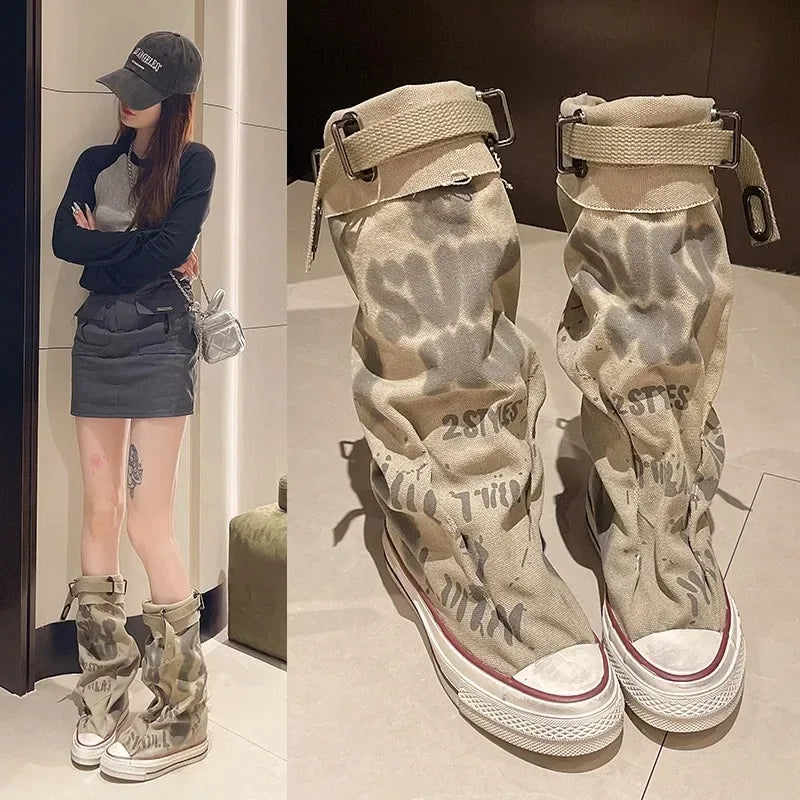 Distressed Breathable Canvas Mid-Calf Boots