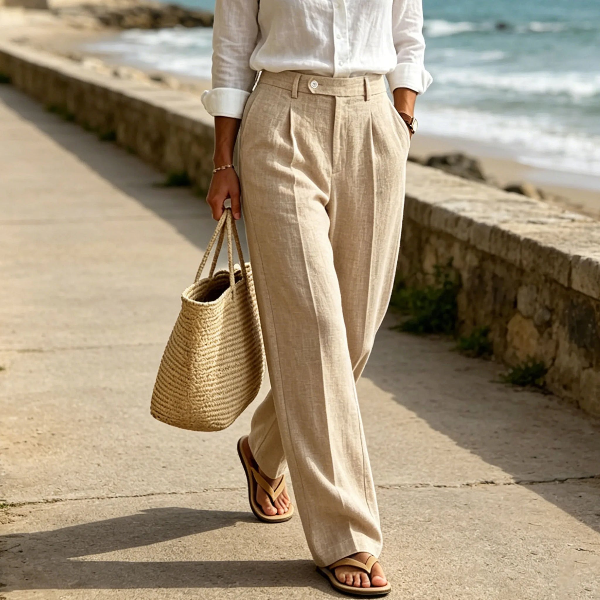 Linen Beige Straight Leg Pants