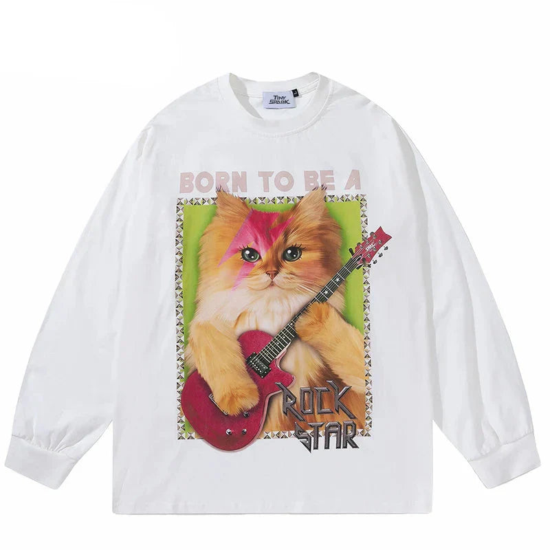 Graphic Rock Guitar Cat Print Sweatshirt
