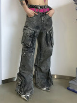 Vintage Grey Pleated Washed Cargo Jeans