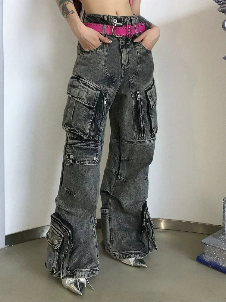Vintage Grey Pleated Washed Cargo Jeans