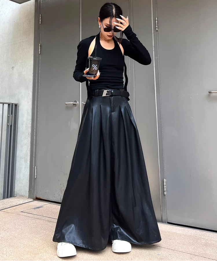 Luxury Long Pleated Black Leather Maxi Skirt