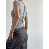 Solid Color Short Sleeve Slim Lace Up Back Crop Top