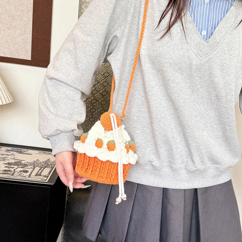 Cute Strawberry Cake Knitted Crochet Shoulder Bag