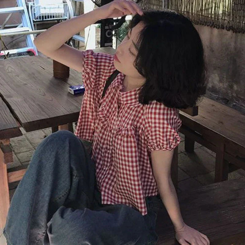 Vintage Red Plaid Girlish Chic Shirt
