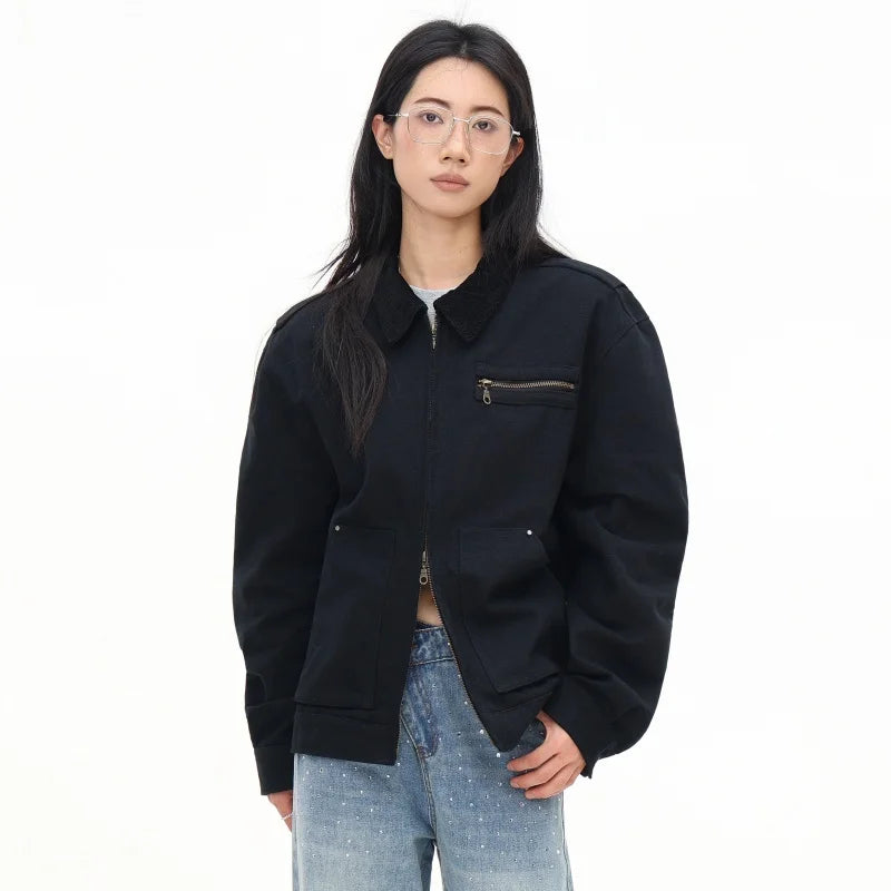 Boxy Black Cotton Varsity Jacket