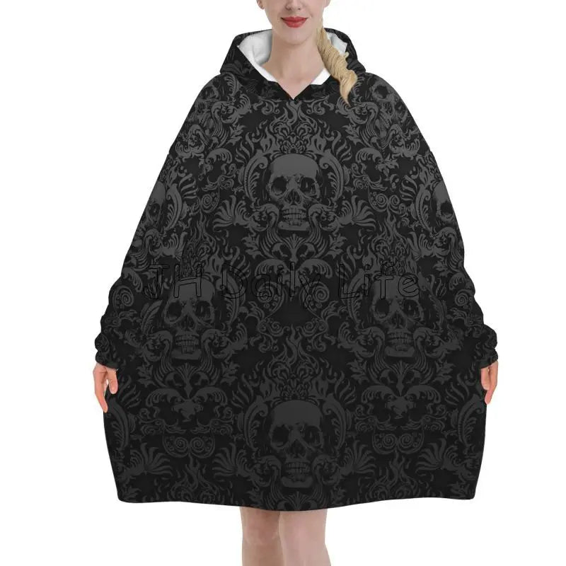 Gothic Schwarzer Totenkopf Fleece-Decken-Hoodie