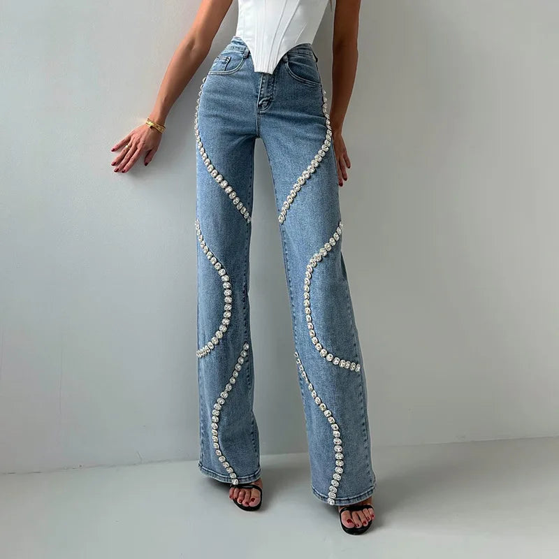 Cyperpunk Rhinestone High Waist Jeans